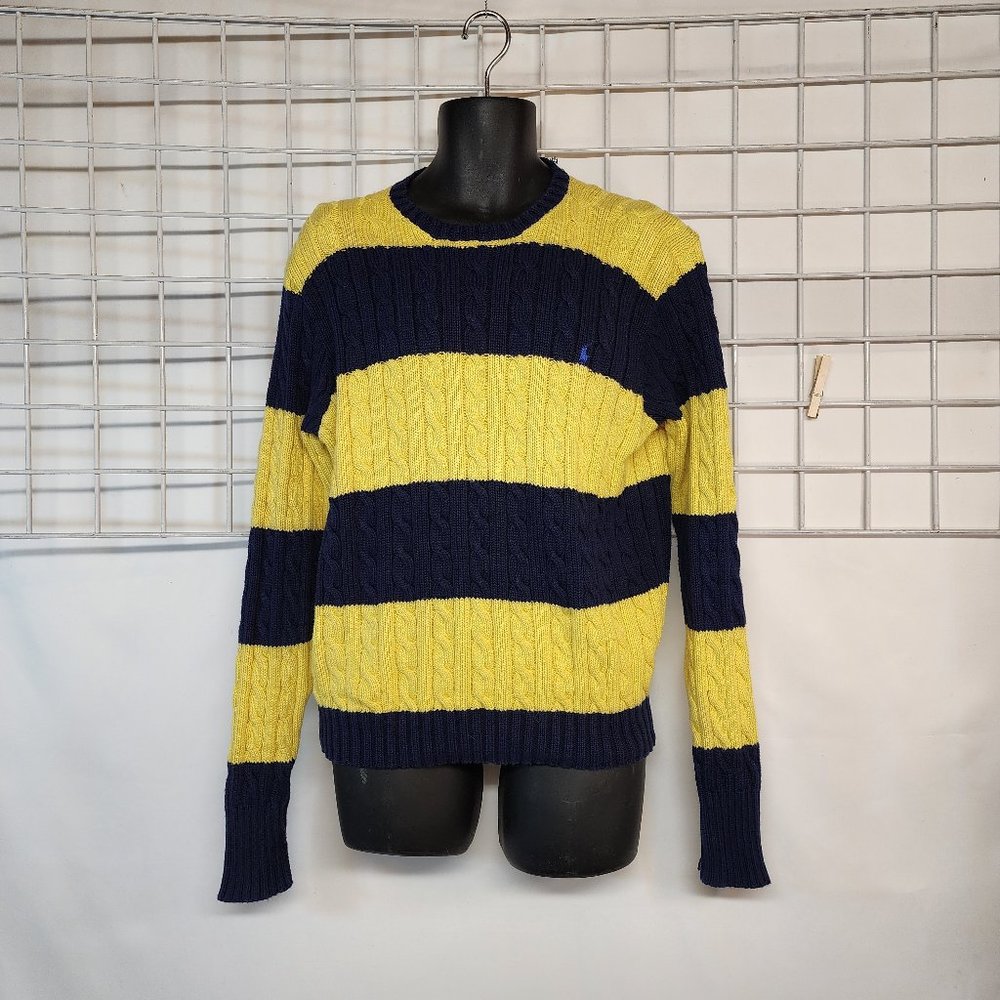 Vintage Polo Ralph Lauren Yellow Navy Rugby Striped Cable Knit Sweater Cotton M
